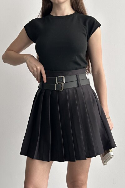 moda armanc Women's Pleated Mini Skirt with Double Belt Shorts - High Waist, ...