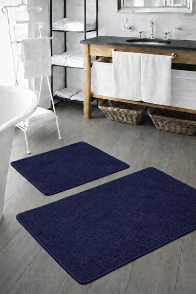 Sarar Plush Washable Navy Blue Non-Slip Base 2-Piece Bath Mat Set (50X80 50X40)
