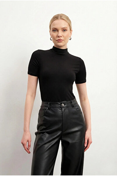 bysoca Women's Black Half Turtleneck Short Sleeve Stretchy Lycra Cotton Basic...