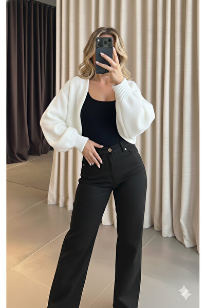 MaxiMor Kadın Beyaz Renk Triko Örgü Reglan Kol Bolero Hırka Kore Tarzı 4 Mevsim