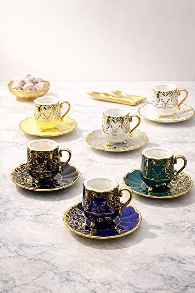 YzHome 6-Person Gilded Gold Detailed Porcelain Colored Coffee Cup Set 100ml