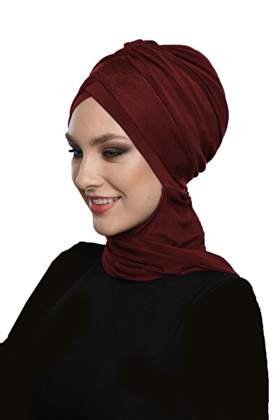 elysianfidan Crossed Pique Scarf-Lined Burgundy Ready-Made Turban Hijab Bonne...