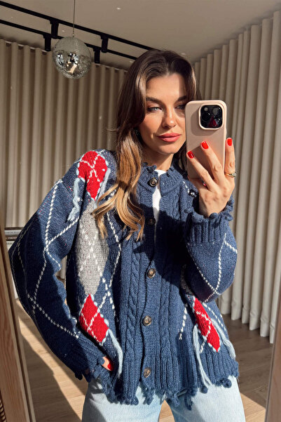 Sue Store Indigo Red Fringed Cardigan