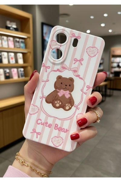 OVADA Redmi 13C Uyumlu Ayıcık Ve Kurdele Desenli Silikon Telefon Kılıfı