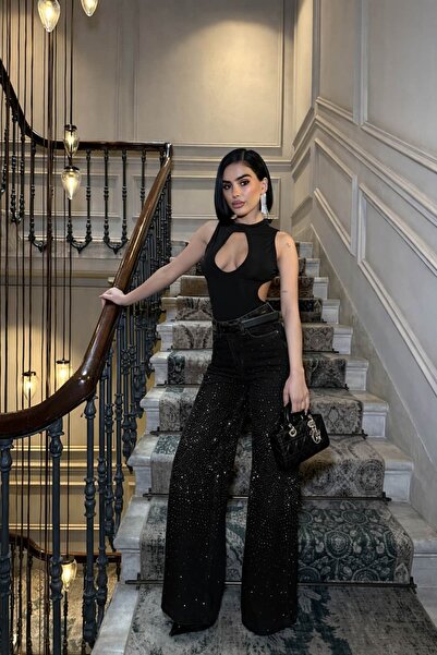 GLAMMOSS L'Atelier High Waist Stone Detailed Wide Leg Jeans