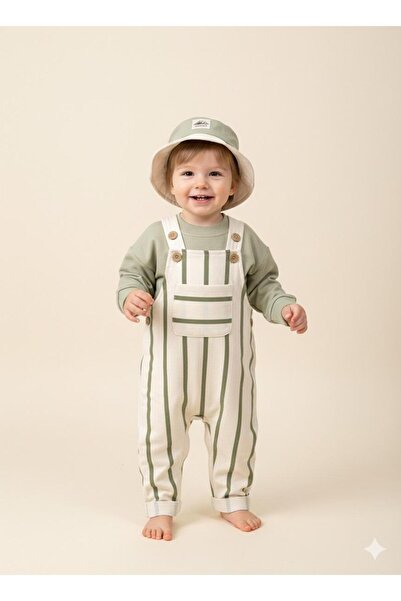Uğur bebe مجموعة طفل من 3 قطع مع قبعة، بودي بكتف مخطط باللون الأخضر مع أزرار ...