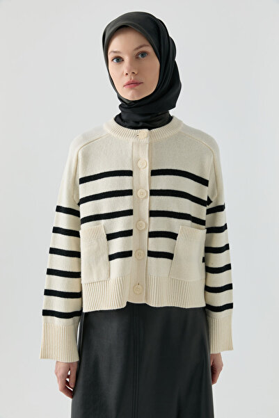 Tuğba Bisiklet Yaka Çizgili Hırka - Ekru - Siyah