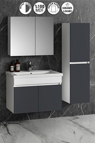 ÖZCEDEN Çiğdem 80+35 cm Beyaz-Füme Balon MDF Seramik Lavabolu Asma Banyo Dola...