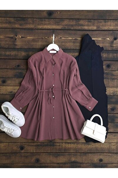 ŞAHİN TESETTÜR GİYİM ÖN VE KOL NEVRULU BELİ İPLİ GÖMLEK TUNİK 5655