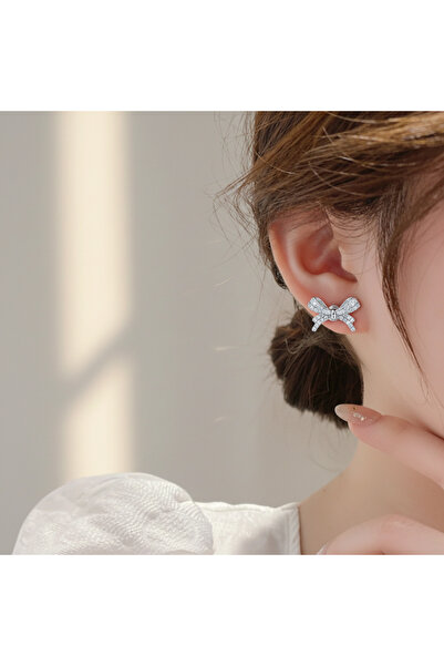 HOBİSY GIFT SHOP Luxury Zircon Stone Bowknot Silver Color Earrings – Tarnish-...