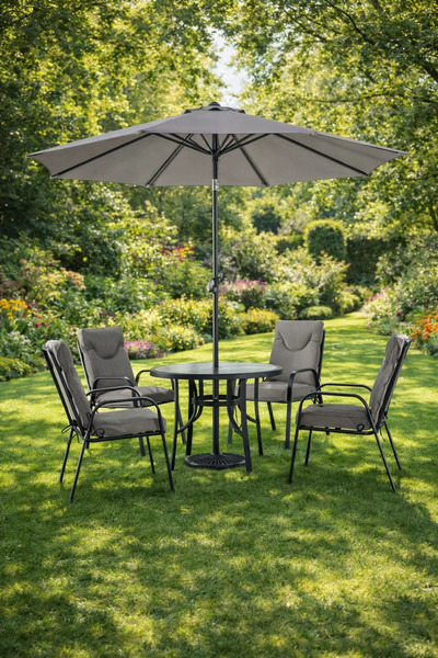 MARIA HOMES Outdoor Dining Set 4 Chairs Rectangular Glass Table Parasol Umbre...