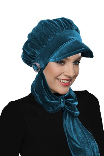elysianfidan Velvet Hat with Scarf and Buckle Detail, Petrol Ready Turban Hij...