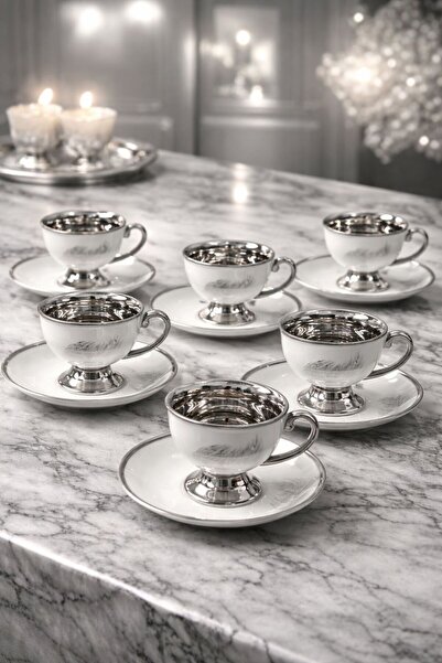 YzHome 6-Person Gilded Silver Detailed Porcelain Coffee Cup Set 100ml