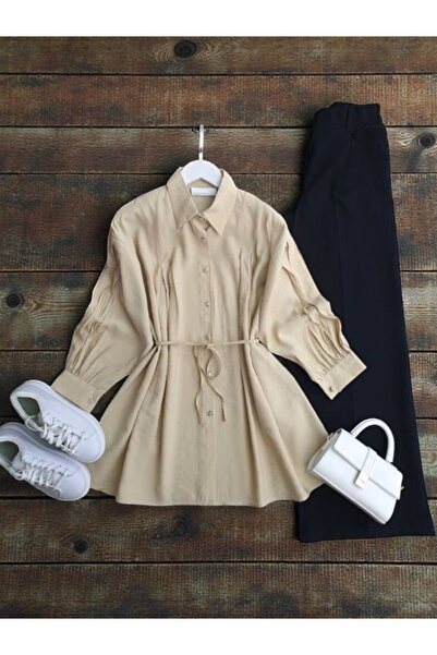 ŞAHİN TESETTÜR GİYİM ÖN VE KOL NEVRULU BELİ İPLİ GÖMLEK TUNİK 5655