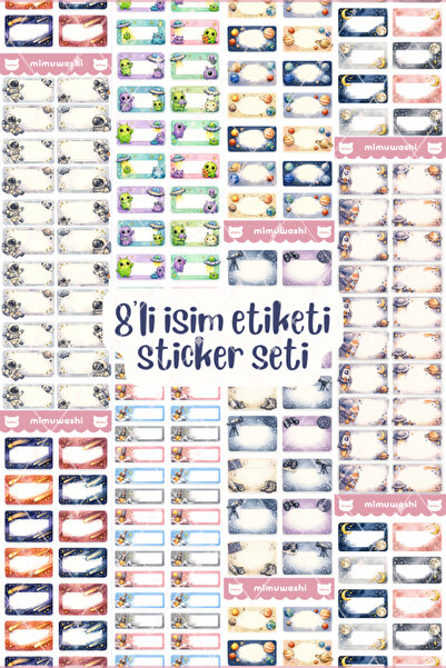 Mimu Art Studio Uzay Temalı 8’li İsim Etiketi Sticker Seti – Defter, Kitap ve...