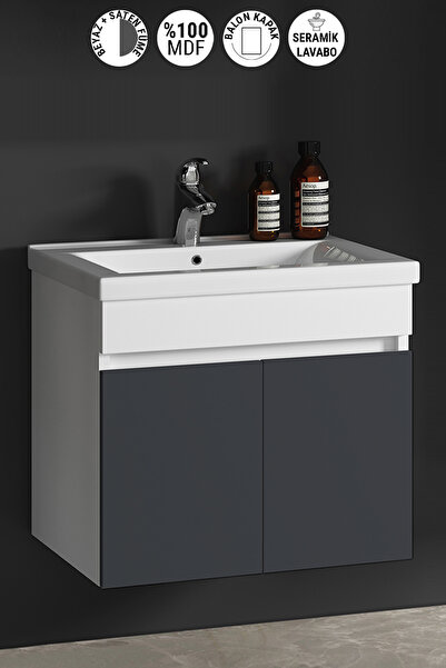 ÖZCEDEN Çiğdem 80 cm Beyaz-Füme Balon MDF Seramik Lavabolu Asma Banyo Alt Dolabı