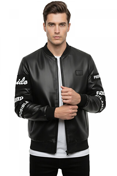 DeepSEA Black Embroidered Sleeves Faux Leather Men's Jacket – Slim Fit Colleg...
