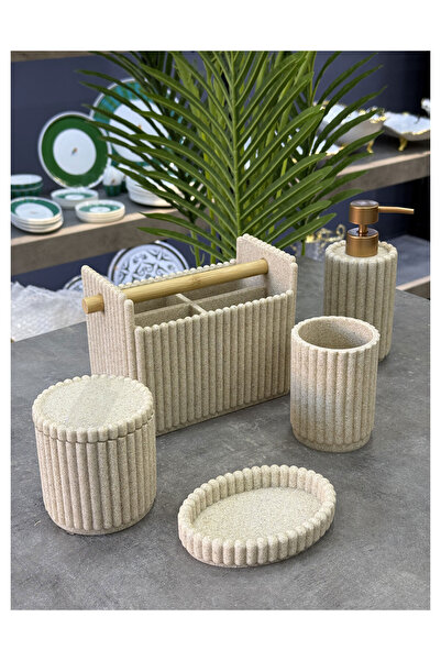 Doğudeko Luxury Polyurethane Mrgo 5-Piece Bathroom Set Beige