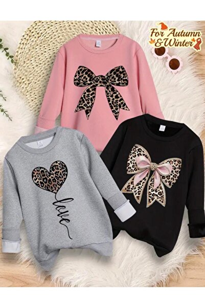 Cans KIZ ÇOCUK LOVE KALP VE KURDELE BASKILI ÜÇLÜ GRİ/PEMBE/SİYAH SWEATSHİRT