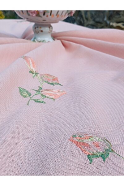 BAŞ TASARIM Somon Gül İşlemeli 8 Kişilik Pembe Masa Örtüsü