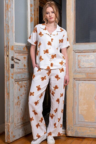 Godewo Teddy Bear Printed Shirt Collar Women's Pajama Set