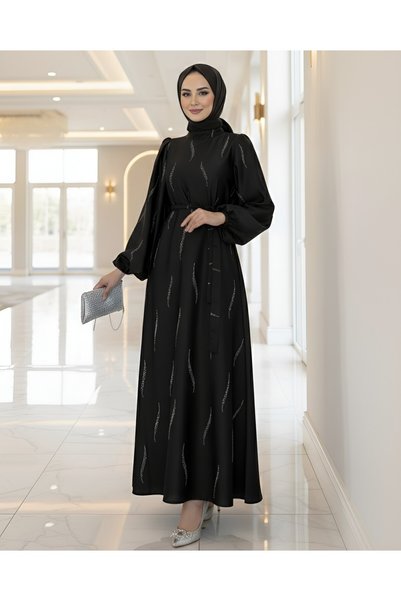 heree Stone Paste Patterned Belted Chiffon Elegant Modern Stylish Hijab Dress