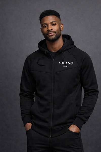NOFLEN Milano Printed Scuba Hooded Black Gray Tracksuit Set
