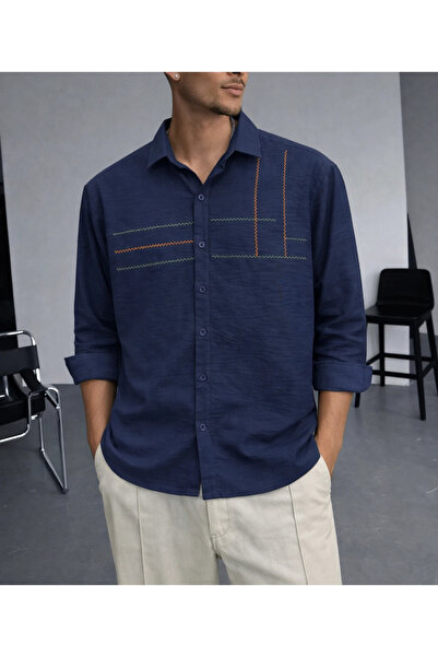 FıttingRoom Oversize Embroidery Detailed Cotton Navy Blue Shirt
