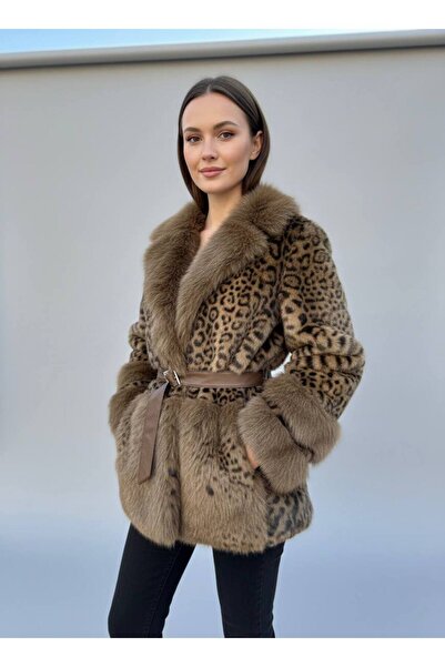Rabiossa Kadın Kuşak Detaylı Leopar Kürk Mont