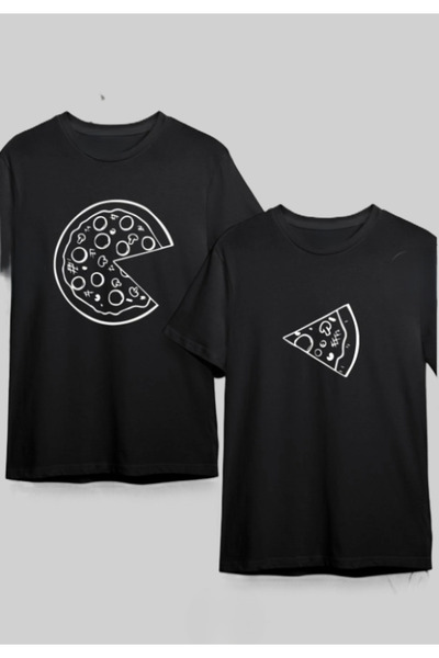 ALCİNOUS Pizza Slice Design Lover Couple Combination Black Oversize Tshirt Se...