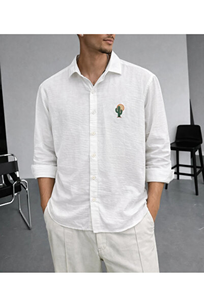FıttingRoom Oversize Embroidery Detailed Cotton White Shirt