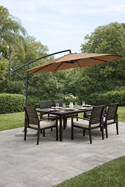 MARIA HOMES Luxury Dark Beige Offset Hanging Patio Umbrella with Base for Gar...