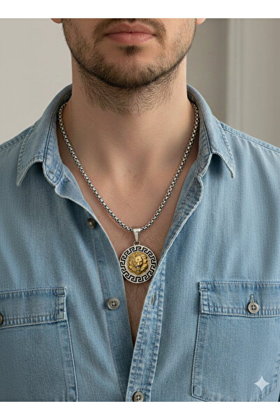 Lanuna Erkek Aslan Figürlü Desenli Çelik Kolye