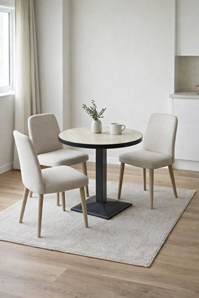 MARIA HOMES Modern Beige Melamine Round Dining Table Black Metal Pedestal Bas...
