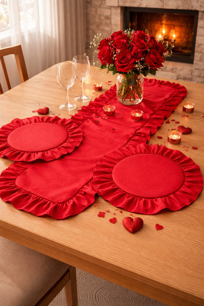 ŞAH TEXTILE DESIGN Kırmızı pamuk keten fırfırlı amerikan servis &runner 3’lü ...