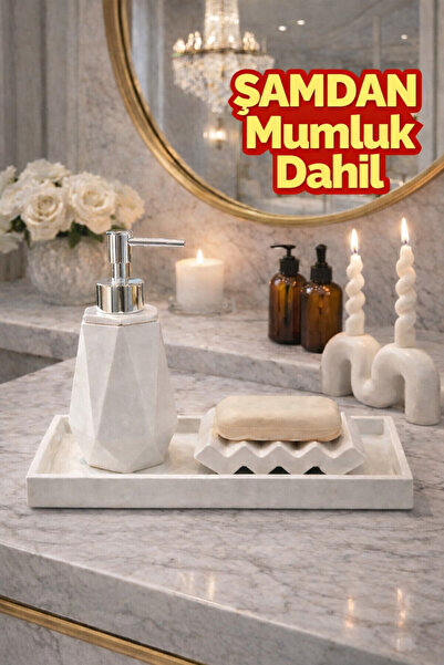 lufen deco Mermer Desenli Beton 3’lü Banyo Seti ve Dekoratif Şamdan Mumluk