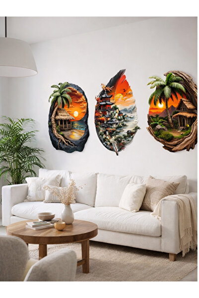 TuraLazerKesim 3 piese Decor de perete din lemn cu imaginea naturii Tablo01