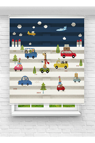 evana home Çocuk Odası Desenli Zebra Stor Perde – Arabalı ve Hayvan Figürlü