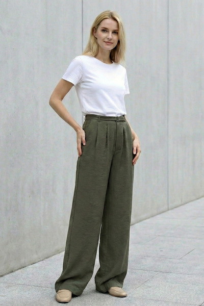 Kirazgym بنطلون نسائي من قماش تينسل كوبرا مع حزام خصر مطاطي - كاكي