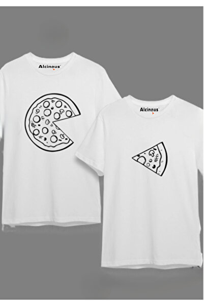 ALCİNOUS Pizza Slice Design Lover Couple Combination Black Oversize Tshirt Se...