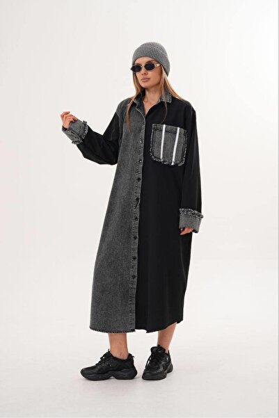 shE tekstil Premium Quality Wide-Fit Denim Embellished Shirt Dress