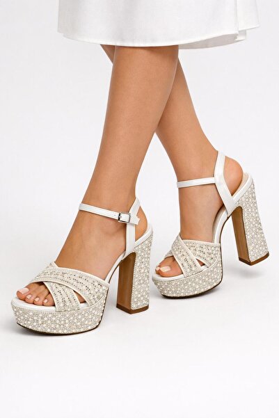 Ajax Beyaz Platform Taşlı Yüksek Topuklu (15 cm) Gelin Ayakkabısı