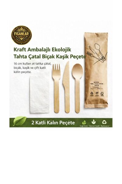 figanlar ambalaj Kraft Ambalajlı Tahta Çatal Bıçak Kaşık Peçeteli Set 16 cm E...