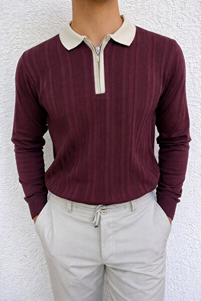 Fermuarlı Yaka Dokulu Triko Erkek Kazak – Regular Fit (Bordo)