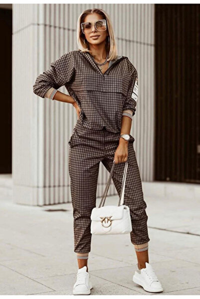 Nobrand Women's casual 2-piece brown print set, zip-up hoodie and sweatpants