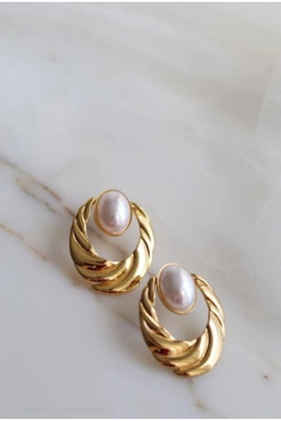 naaksesuar Gold Color Pearl Look Vintage Inspired Steel Earrings