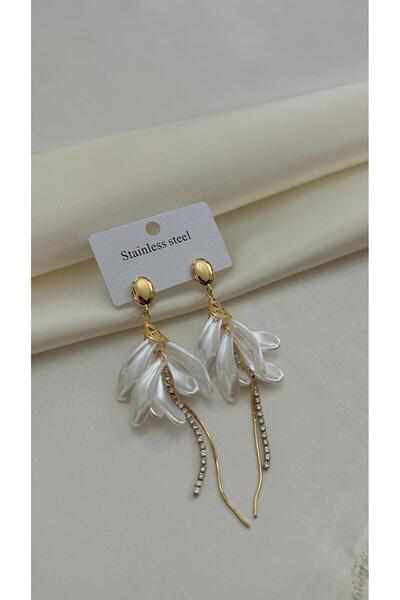 Goche New Pearl-Look Flower Design Zircon Stone Dangle Gold Stainless Steel W...