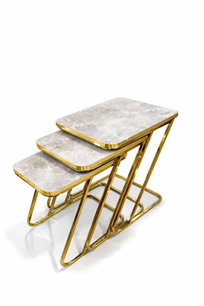 Riyes Tasarım Z Zigon 3 lü Gold Ayaklı HAYGLASS MDF Yan Sehpa - Modern & Şık