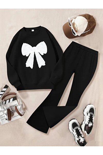 Cans Kız Çocuk Siyah Kurdele Baskılı Bisiklet Yaka Sweatshirt-İspanyol Paça P...