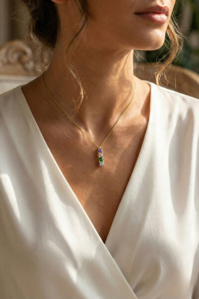 Modafadır 925 Ayar Gümüş Anne Baba ve 2 Çocuk 4 Doğum Taşlı 14 Ayar Altın Kap...